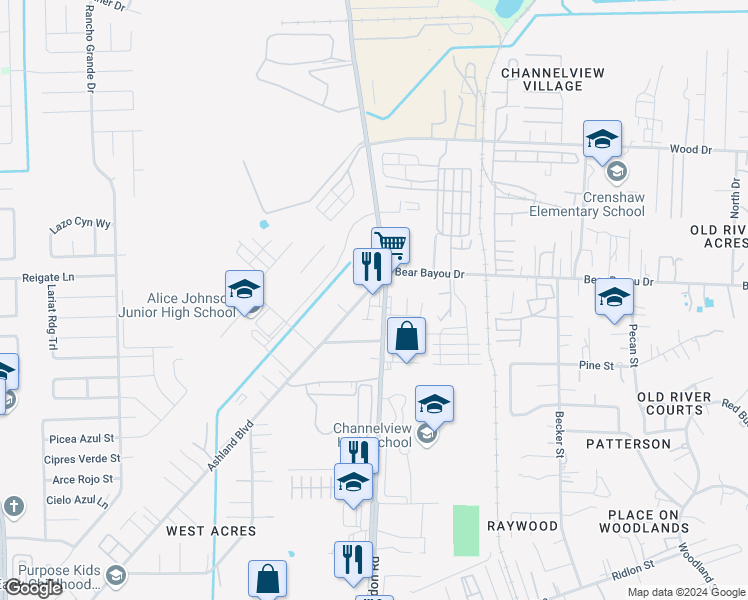 map of restaurants, bars, coffee shops, grocery stores, and more near 1223 Sheldon Road in Channelview
