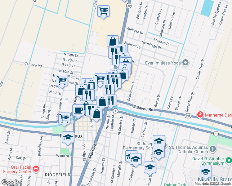 map of restaurants, bars, coffee shops, grocery stores, and more near 137-169 East Bayou Road in Thibodaux