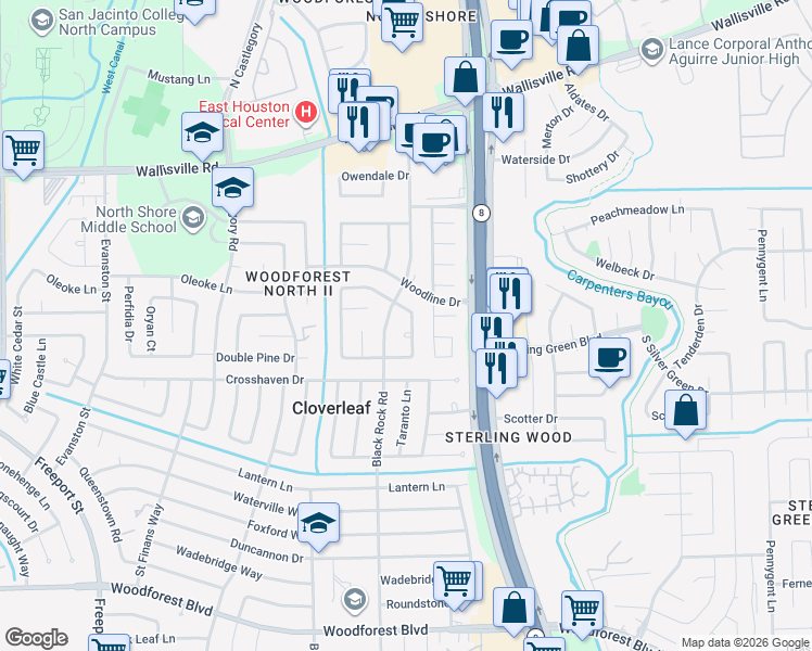 map of restaurants, bars, coffee shops, grocery stores, and more near 127 Fargo Woods Drive in Houston