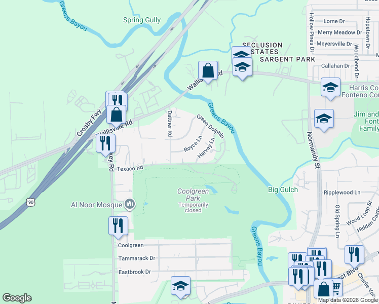 map of restaurants, bars, coffee shops, grocery stores, and more near 12818 Royce Lane in Houston