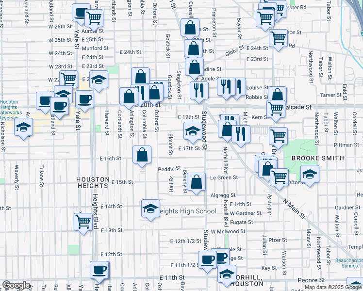 map of restaurants, bars, coffee shops, grocery stores, and more near 738 East 17th Street in Houston