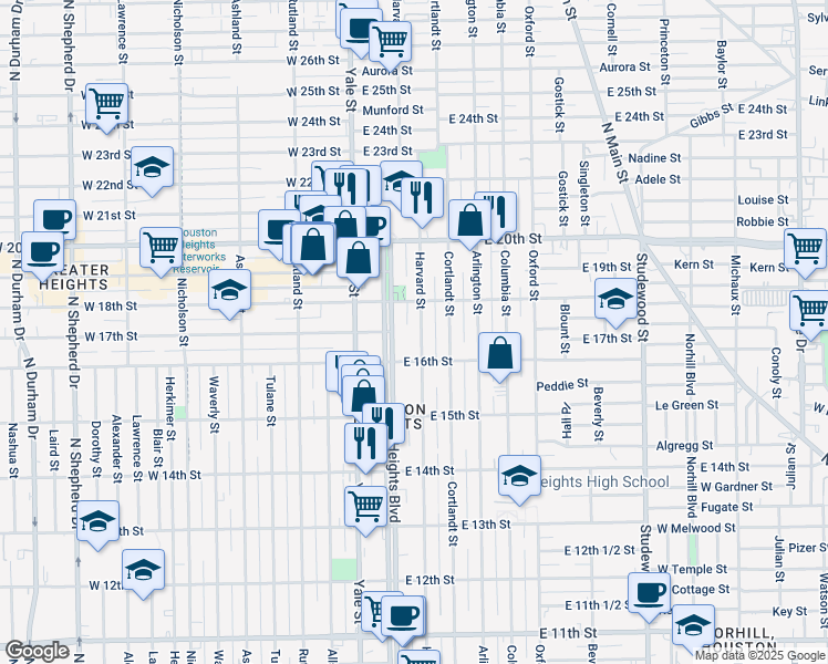 map of restaurants, bars, coffee shops, grocery stores, and more near 1615 Harvard Street in Houston