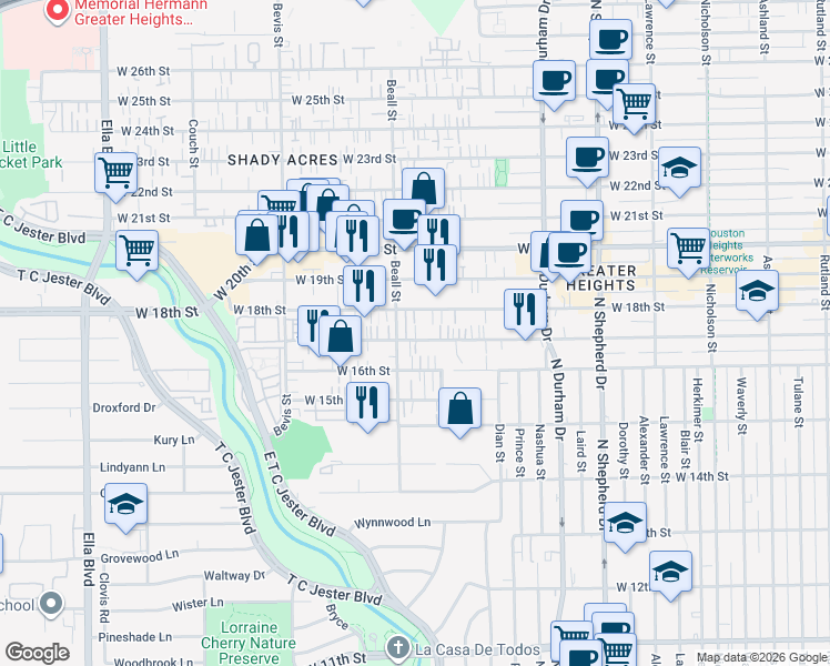 map of restaurants, bars, coffee shops, grocery stores, and more near 1624 Beall Street in Houston