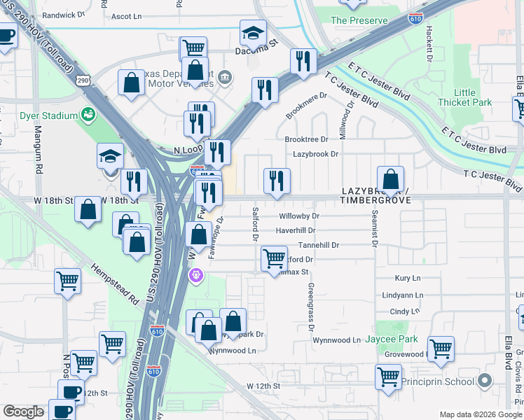 map of restaurants, bars, coffee shops, grocery stores, and more near 2526 Willowby Drive in Houston
