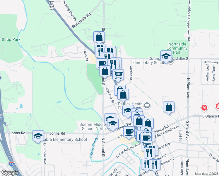 map of restaurants, bars, coffee shops, grocery stores, and more near 726 North Main Street in Boerne