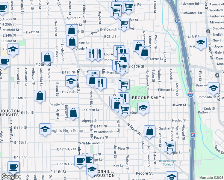 map of restaurants, bars, coffee shops, grocery stores, and more near 915 Walling Street in Houston