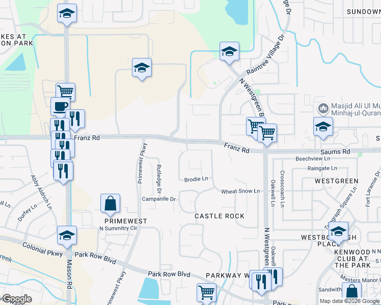 map of restaurants, bars, coffee shops, grocery stores, and more near 20927 Dover Mist Lane in Katy