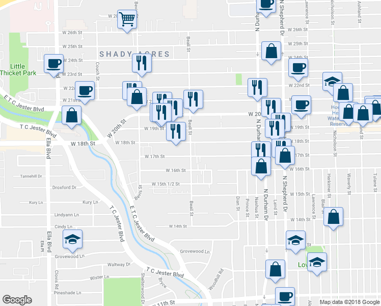 map of restaurants, bars, coffee shops, grocery stores, and more near 1722 Beall Street in Houston