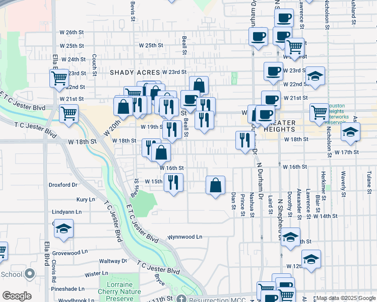 map of restaurants, bars, coffee shops, grocery stores, and more near 1724 Beall Street in Houston