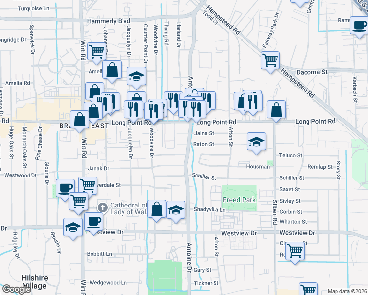 map of restaurants, bars, coffee shops, grocery stores, and more near 7414 Dearborn Street in Houston