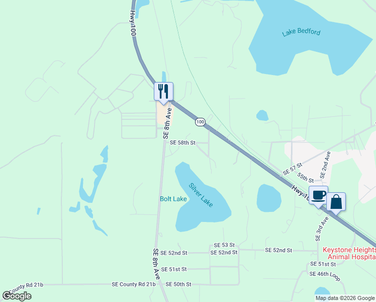 map of restaurants, bars, coffee shops, grocery stores, and more near Southeast 55th Trail in Keystone Heights