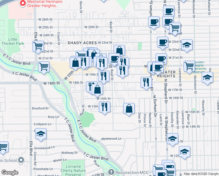 map of restaurants, bars, coffee shops, grocery stores, and more near 1624 Beall Street in Houston