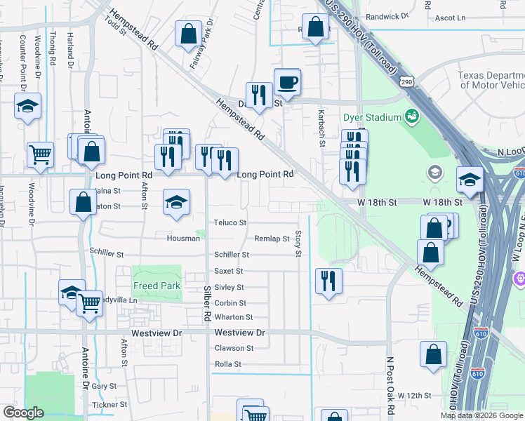 map of restaurants, bars, coffee shops, grocery stores, and more near 6434 Teluco Street in Houston