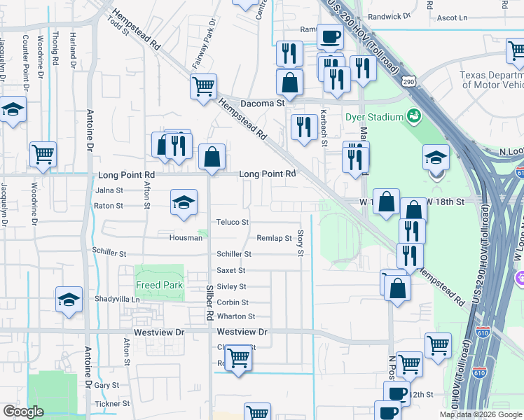 map of restaurants, bars, coffee shops, grocery stores, and more near 6434 Teluco Street in Houston