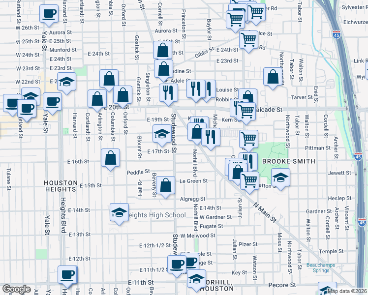 map of restaurants, bars, coffee shops, grocery stores, and more near 1102 Walling Street in Houston
