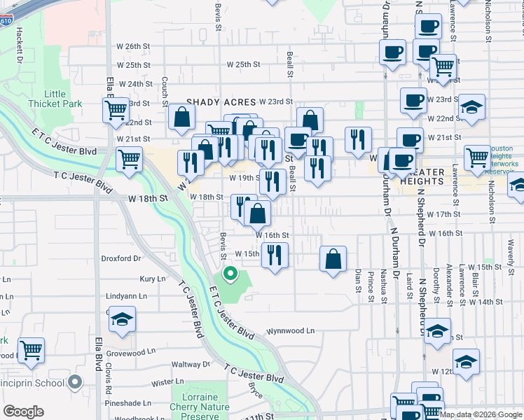 map of restaurants, bars, coffee shops, grocery stores, and more near 1138 West 17th Street in Houston