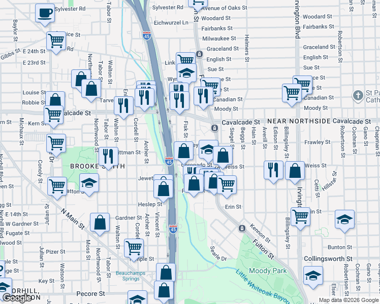 map of restaurants, bars, coffee shops, grocery stores, and more near 128 Amundsen Street in Houston
