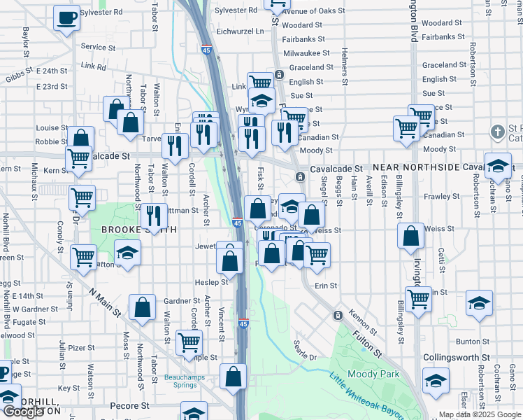 map of restaurants, bars, coffee shops, grocery stores, and more near 128 Amundsen Street in Houston