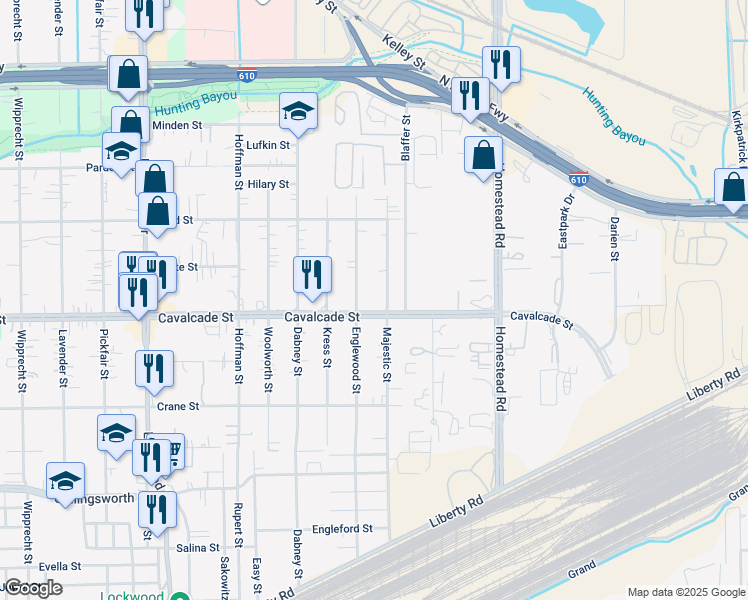 map of restaurants, bars, coffee shops, grocery stores, and more near 6215 Cavalcade Street in Houston