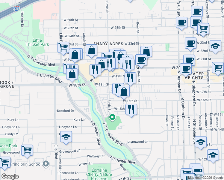 map of restaurants, bars, coffee shops, grocery stores, and more near 1707-1721 Bevis Street in Houston