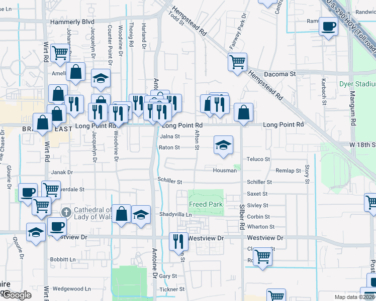 map of restaurants, bars, coffee shops, grocery stores, and more near 7106 Dearborn Street in Houston