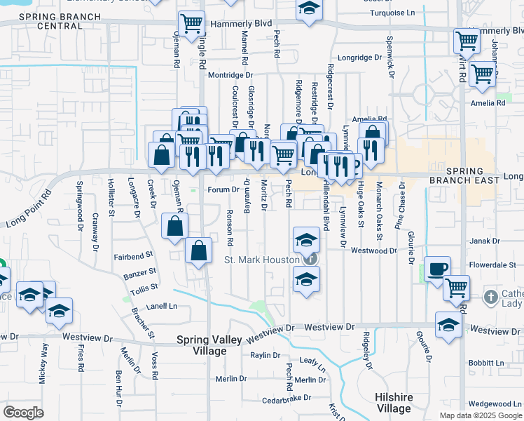 map of restaurants, bars, coffee shops, grocery stores, and more near 1727B Moritz Drive in Houston