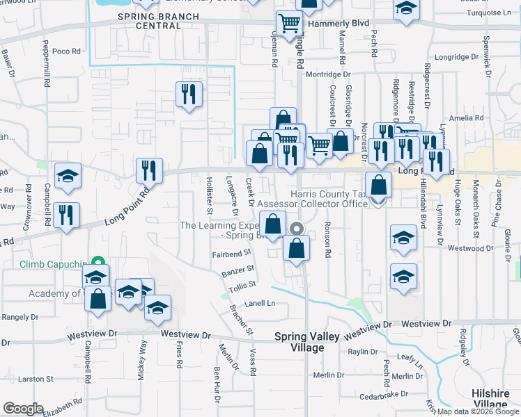 map of restaurants, bars, coffee shops, grocery stores, and more near 1702 Creek Drive in Houston