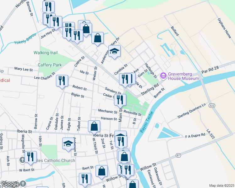 map of restaurants, bars, coffee shops, grocery stores, and more near 220 Cedar Street in Franklin