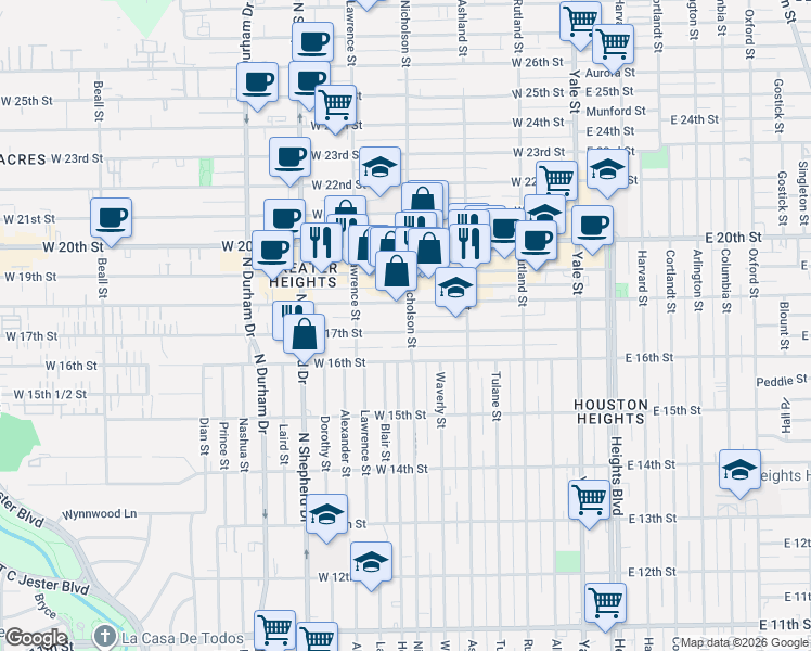map of restaurants, bars, coffee shops, grocery stores, and more near 1619 Nicholson Street in Houston