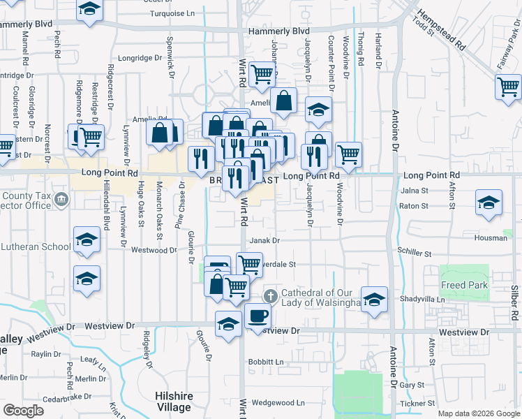 map of restaurants, bars, coffee shops, grocery stores, and more near 1714 Wirt Road in Houston