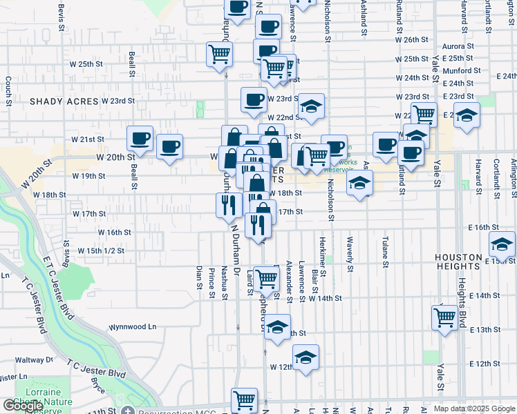 map of restaurants, bars, coffee shops, grocery stores, and more near 716 West 17th Street in Houston