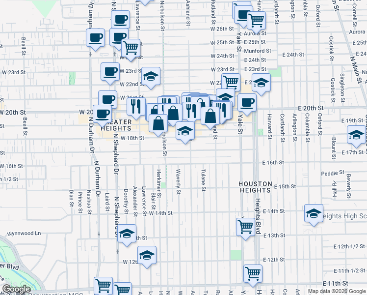 map of restaurants, bars, coffee shops, grocery stores, and more near 420 West 17th Street in Houston