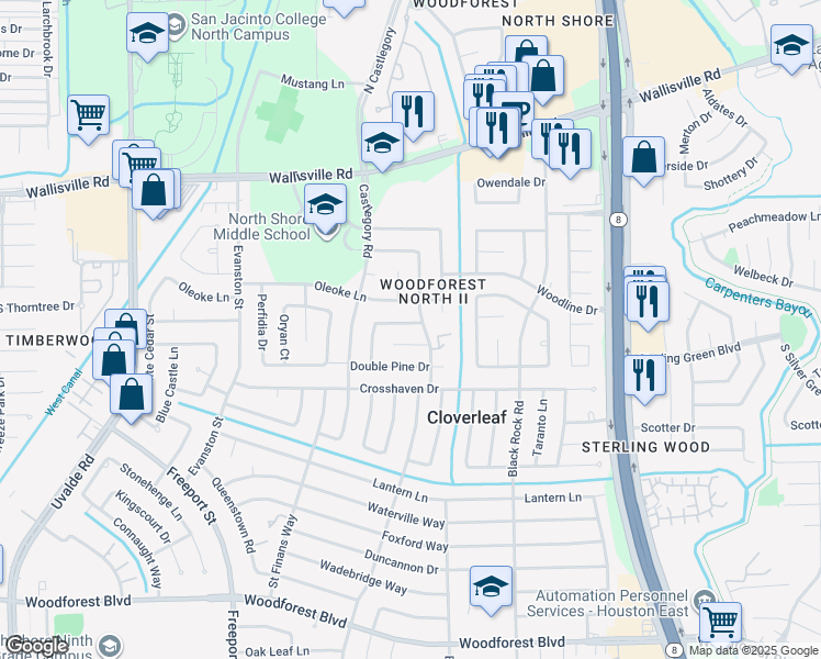 map of restaurants, bars, coffee shops, grocery stores, and more near 14114 Falling Elm Lane in Houston