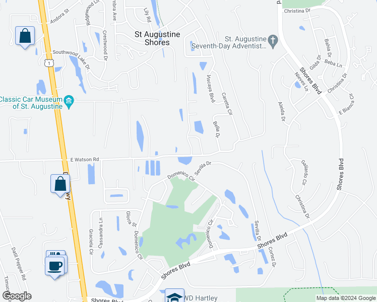 map of restaurants, bars, coffee shops, grocery stores, and more near 25 Balearics Drive in St. Augustine