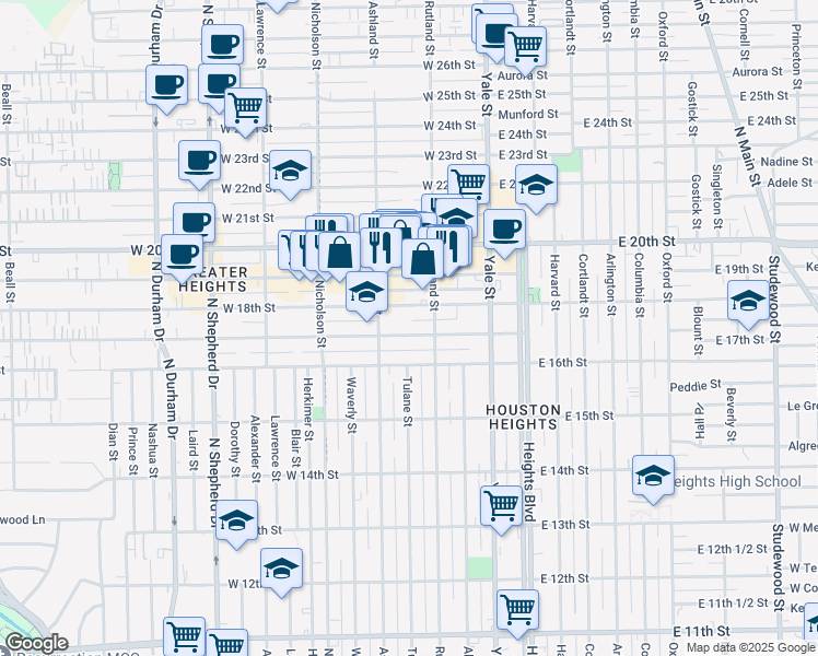 map of restaurants, bars, coffee shops, grocery stores, and more near 332 West 17th Street in Houston