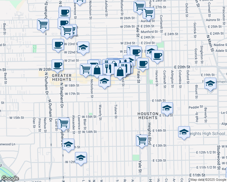map of restaurants, bars, coffee shops, grocery stores, and more near 332 West 17th Street in Houston