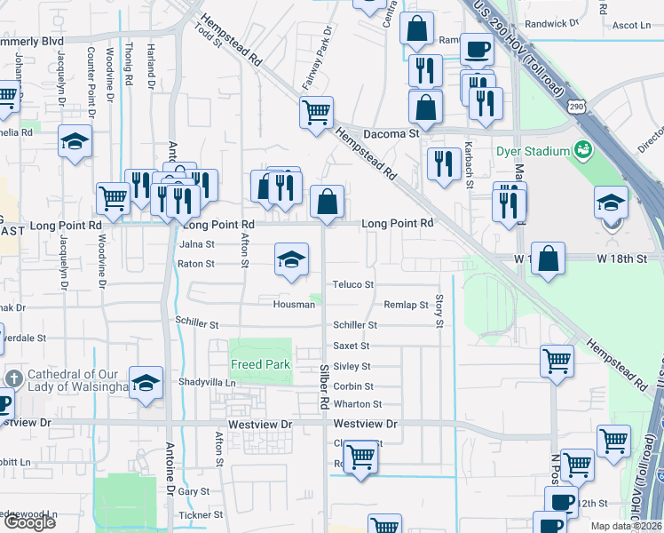 map of restaurants, bars, coffee shops, grocery stores, and more near 6634 Teluco Street in Houston