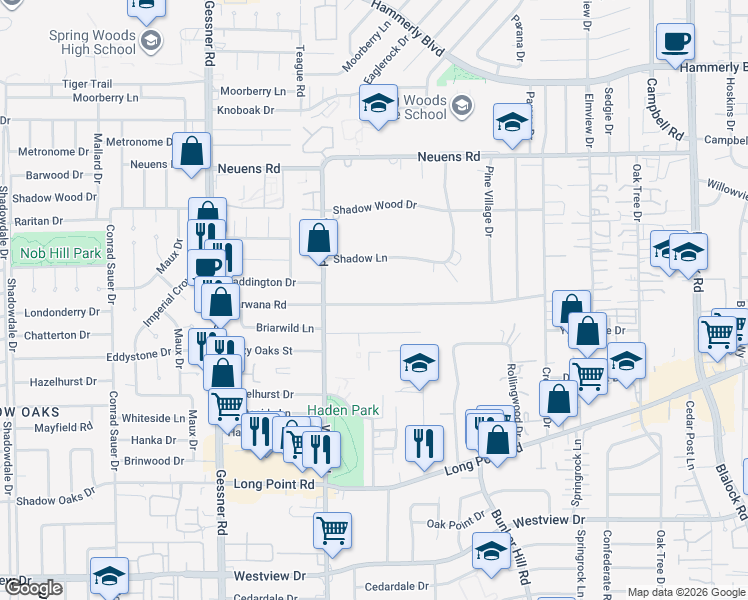 map of restaurants, bars, coffee shops, grocery stores, and more near 9907 Warwana Road in Houston