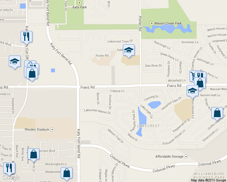 map of restaurants, bars, coffee shops, grocery stores, and more near 24802 Tribeca Ln in Katy