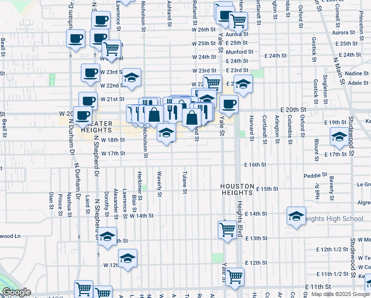 map of restaurants, bars, coffee shops, grocery stores, and more near 323 West 17th Street in Houston