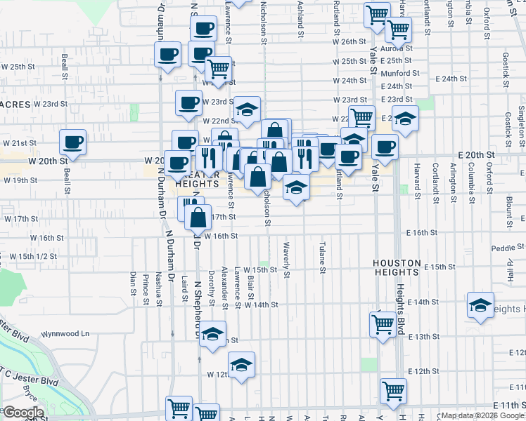map of restaurants, bars, coffee shops, grocery stores, and more near 1619 Nicholson Street in Houston