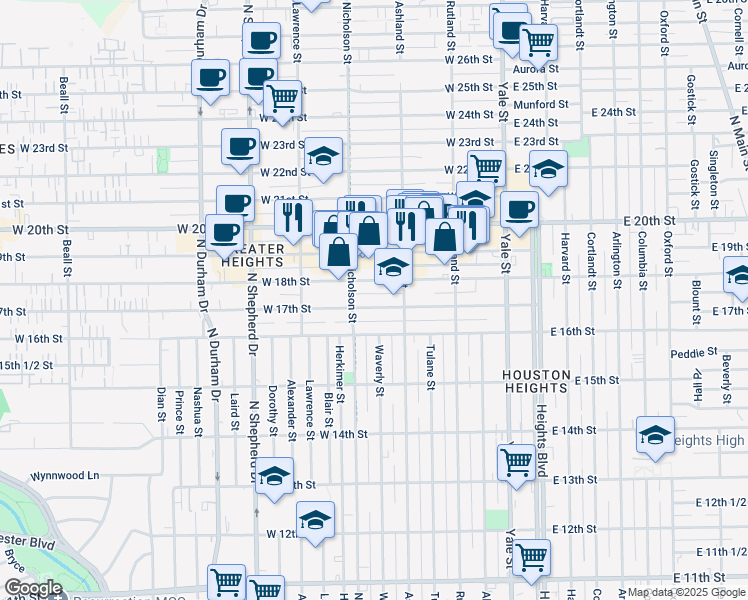 map of restaurants, bars, coffee shops, grocery stores, and more near 420 West 17th Street in Houston