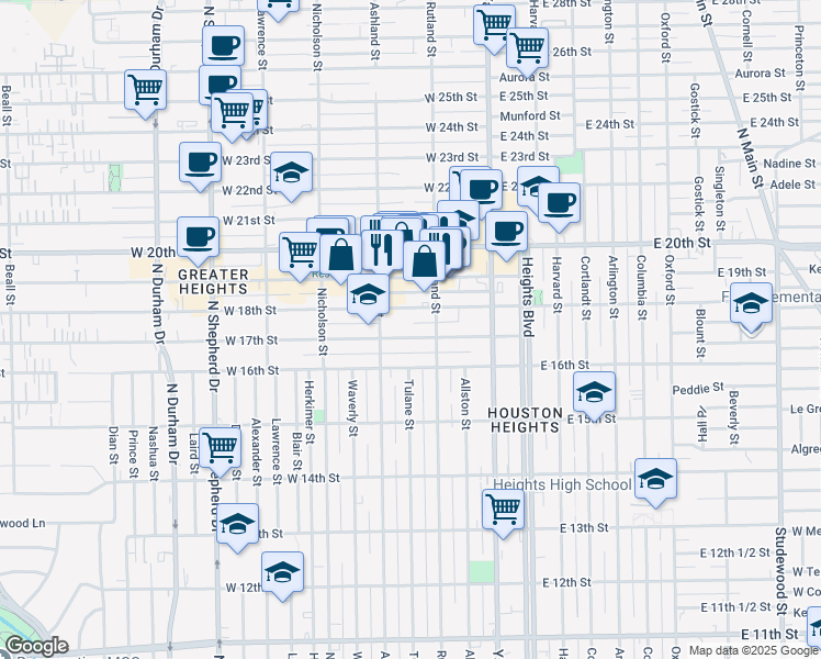 map of restaurants, bars, coffee shops, grocery stores, and more near 323 West 17th Street in Houston