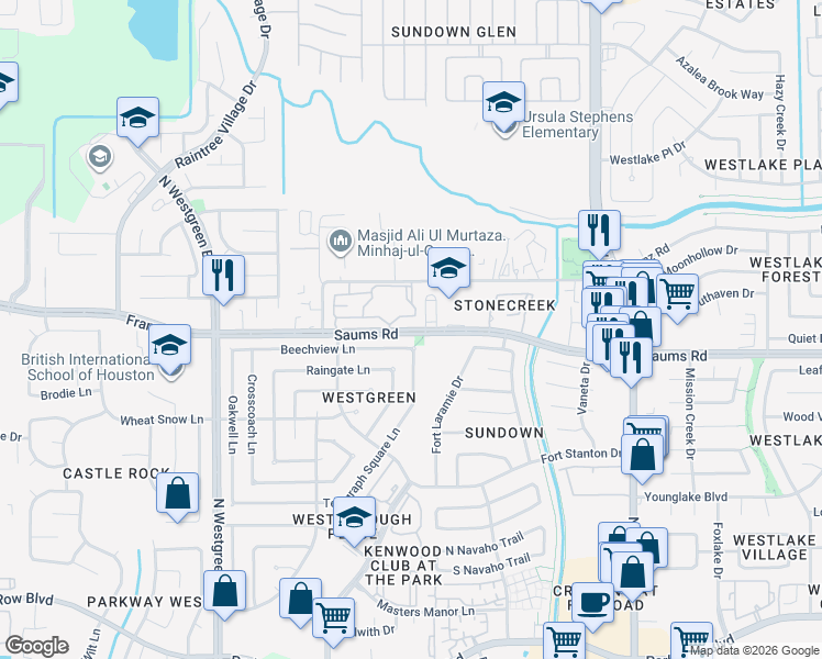 map of restaurants, bars, coffee shops, grocery stores, and more near 20152 Saums Road in Katy