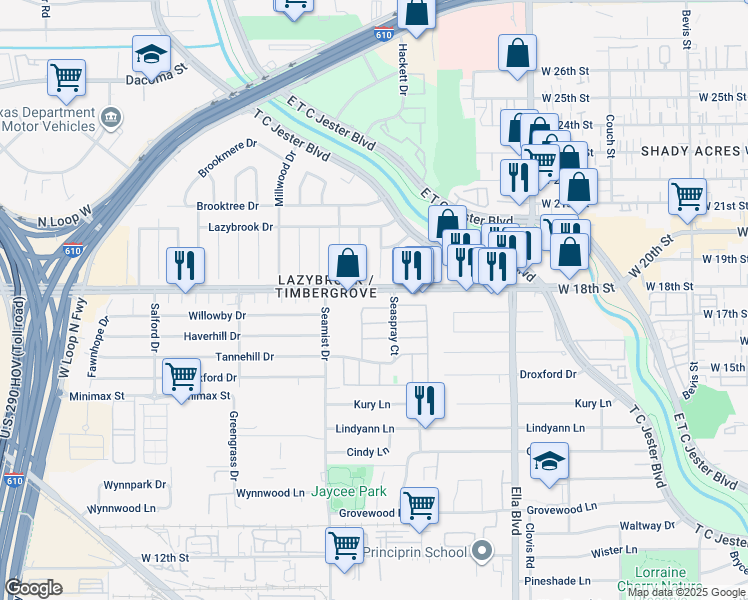 map of restaurants, bars, coffee shops, grocery stores, and more near 2100 West 18th Street in Houston
