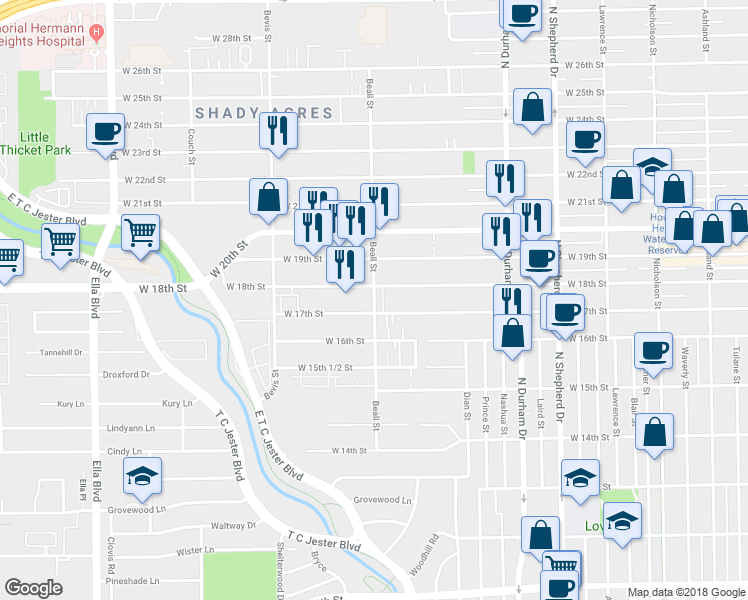 map of restaurants, bars, coffee shops, grocery stores, and more near 1721 Beall Street in Houston