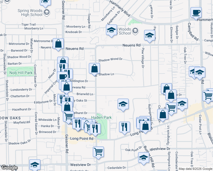 map of restaurants, bars, coffee shops, grocery stores, and more near 9907 Warwana Road in Houston