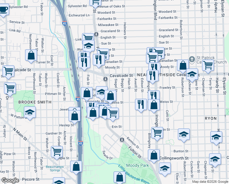 map of restaurants, bars, coffee shops, grocery stores, and more near 4417 Siegel Street in Houston