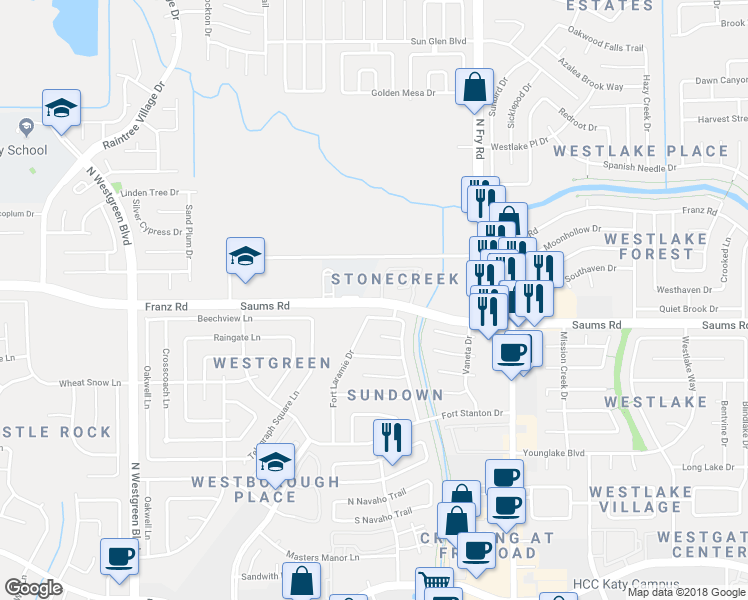 map of restaurants, bars, coffee shops, grocery stores, and more near 20012 Saums Road in Katy