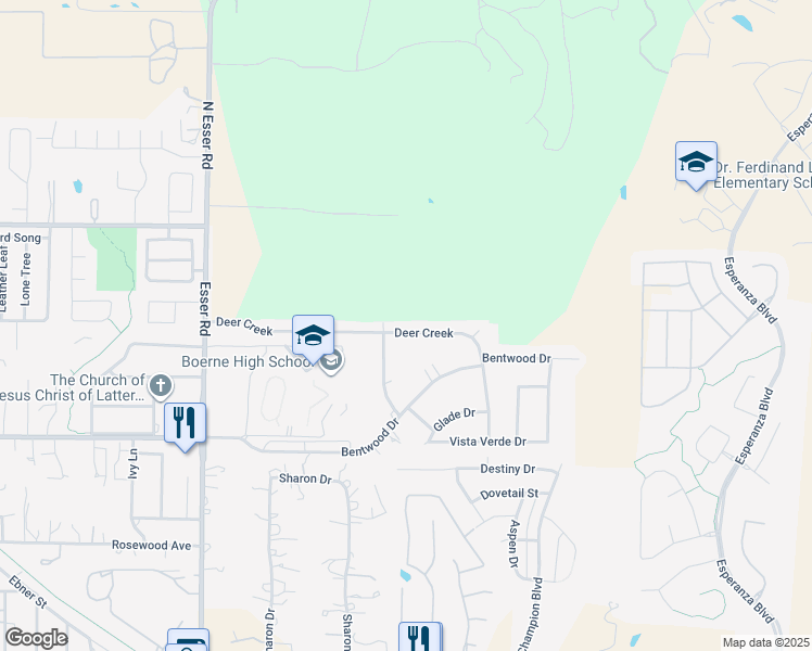 map of restaurants, bars, coffee shops, grocery stores, and more near 323 Deer Creek in Boerne